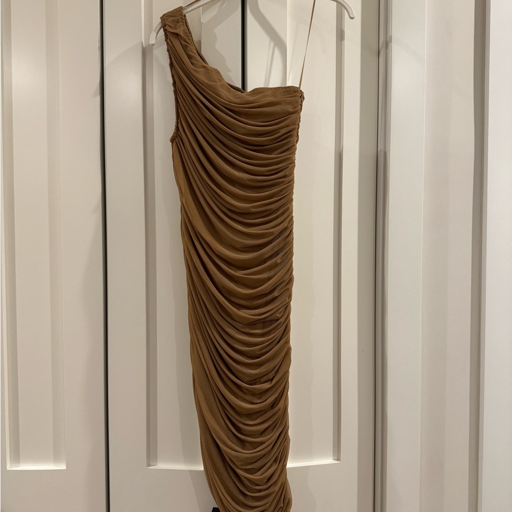 Brown Ruched One-Shoulder Dress